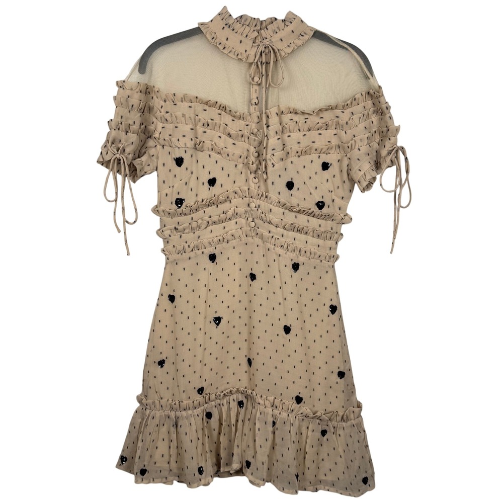 NBD Women Beige Heart Sequin Swiss Dot Ruffle Mini Dress Sheer Mesh Neck Small